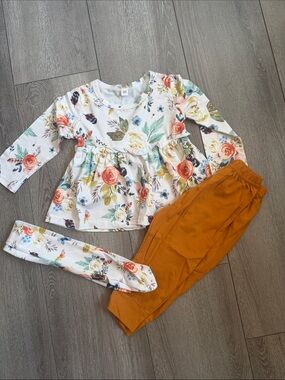 Kids Floral Peplum Top & Rust Legging Matching Set